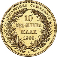 298 / Lot 5859: German Empire. 10 Neu-Guinea marks 1895. J. 708. From the Phoibos Collection. Only 2,000 Specimens struck. FDC. Estimate: 30,000,- euros. Hammer price: 75,000,- euros.