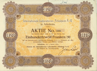Lot 7663: Int. Laboratories Arleshaim AG (today WELEDA). Stock for SFr 112.50 1924. Hammer price: SFr 3‘400.
