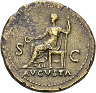 Galba, 68-69. Sestertius, September 68. Rv. AVGVSTA / SC Livia enthroned l., holding scepter and patera. RIC 336. Tiber patina. Very fine. Estimate: 1,000 CHF. From the Galba Collection, Hess-Divo sale 333 (November 30, 2017), No. 122.