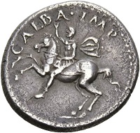 Galba, 68-69. Denarius, Tarraco, April-late 68. GALBA IMP Galba riding l., r. hand raised to address. Rv. HISPANIA Bust of Hispania l., two javelins over l. shoulder, two corn-ears in front, round shield below neck truncation. RIC 2. Toned. Very fine+. Estimate: 500 CHF. From the Galba Collection, Hess-Divo sale 333 (November 30, 2017), No. 95.