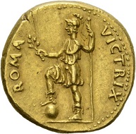 Galba, 68-69. Aureus, Tarraco(?), April-late 68. GALBA – IMP Laureate head r. Rv. ROMA - VICTRIX Roma standing l., with spear and branch. RIC 44var. Unpublished variant(?) Very fine. Estimate: 10,000 CHF. From the Galba Collection, Hess-Divo sale 333 (November 30, 2017), No. 101.