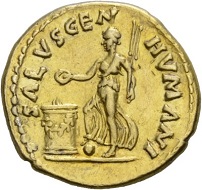 Galba, 68-69. Aureus, Rome, July 68-January 69. Rv. SALVS GEN – HVMANI Salus standing l., sacrificing with patera over burning altar, holding rudder in l. arm. RIC 147. Extremely fine. Estimate: 10,000 CHF. From the Galba Collection, Hess-Divo sale 333 (November 30, 2017), No. 135.