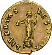 Vitellius, 69. Aureus, July 68-January 69. Rv. LIBERTAS – RESTITVTA Libertas standing r., holding scepter and pileus. RIC 104. Almost extremely fine. Estimate: 10,000 CHF. From the Galba Collection, Hess-Divo sale 333 (November 30, 2017), No. 163.