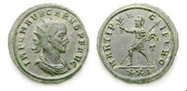 234 Carus (282-283). Antoninian, Sicia, 283. Rev. MARTI PACIFERO / T / XXI Mars with spear and branch l. RIC -. C -. FDC. Estimate: 250 CHF. End result: 1,380 CHF.