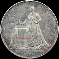 The reverses of two counterfeit 1825 Bavaria Coronation Thalers.