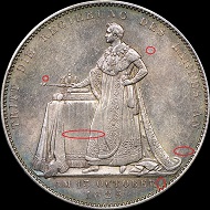 The reverses of two counterfeit 1825 Bavaria Coronation Thalers.