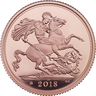 The Sovereign 2018 Gold Proof Coin / 22 Carat Gold / 7.98 g / 22.05 mm / Design: Jody Clark (obverse) and Benedetto Pistrucci (reverse) / Mintage: 10,500.