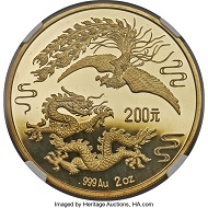1989 People’s Republic gold “Dragon and Phoenix” Proof Pattern 200 Yuan PR69 Ultra Cameo NGC. Realized: 408,000 USD.