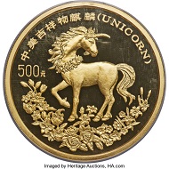China: People’s Republic gold Unicorn Proof 500 Yuan (5 oz) 1994 PR69 Ultra Cameo NGC. Realized: 50,400 USD.