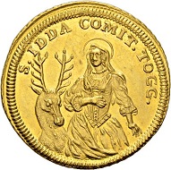 314 - Switzerland. Fischingen Abbey. Abbot Franz Troger, 1688-1728. Thick double ducat 1726. Only 6 specimens struck. From the Virgil Brand Collection. Estimate: CHF 20,000. Hammer price: CHF 34,000.