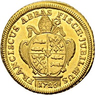 314 - Switzerland. Fischingen Abbey. Abbot Franz Troger, 1688-1728. Thick double ducat 1726. Only 6 specimens struck. From the Virgil Brand Collection. Estimate: CHF 20,000. Hammer price: CHF 34,000.