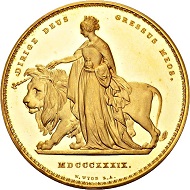 450 - Great Britain. Victoria, 1837-1901. 5 pounds 1839 “Una and the Lion”, London. By W. Wyon. Very rare. Uncirculated. Estimate: CHF 50,000. Hammer price: CHF 140,000.