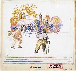 Original hand-drawn artwork for the GBP 10 note which featured Charles Dickens, including a scene from the Pickwick Papers: the cricket match between Dingly Dell and All Muggleton. Drawn by Roger Withington, based on an illustration by R Buss. Photos: Bank of England Museum.