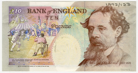 The £10 note which featured Charles Dickens (in circulation from 1992-2003). The portrait was drawn by banknote designer Roger Withington and seems to be based on a number of photographs of Dickens from the 1860s. Photo: Bank of England Museum.
