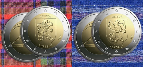 Latvia / 2 Euros / Copper - Nickel - Brass / 8.5g / 25.75mm / Design: Luc Luycx (common side), Laimonis Senbergs (graphic design), Janis Strupulis (plaster model).