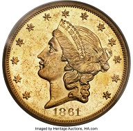 Lot 5107: 1861-O Twenty, Rare and Prooflike MS60.