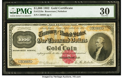 Lot 3561: Incredibly Rare Fr. 1218e $1,000 Gold Certificate.