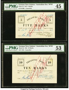 Lot 28312: German New Guinea Australian Occupation WW1 5; 10; 20; 50 Marks 1914.