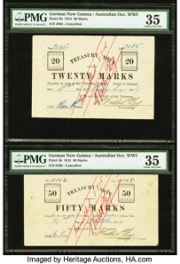 Lot 28312: German New Guinea Australian Occupation WW1 5; 10; 20; 50 Marks 1914.