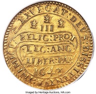 Lot: 32261: Charles I. Gold Triple Unite 1643. MS61 NGC. Oxford mint. Civil War issue.