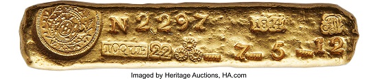 Lot 32141: The King of Vila Rica Gold Ingots – Ex Huntington. Joćo Prince Regent. Massive gold Ingot of Vila Rica 1814. 99mm X 19mm. 217.90 grams.