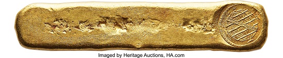 Lot 32141: The King of Vila Rica Gold Ingots – Ex Huntington. Joćo Prince Regent. Massive gold Ingot of Vila Rica 1814. 99mm X 19mm. 217.90 grams.
