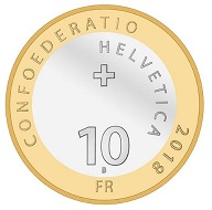 Switzerland / 10 CHF / copper-nickel (core), aluminium-bronze (ring) / 15g / 33mm / Design: Jenny Leibundgut / Mintage: 29,000 (uncirculated), 5,500 (Proof).