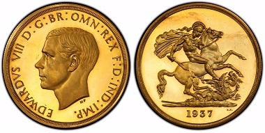 The only complete 1937 Edward VIII proof set in private hands will be displayed for the first time in the United States as part of the Tyrants of the Thames exhibit at the February 2018 Long Beach Expo. This coin from the historic set is the gold proof 5 Pounds. Photo credit: Phil Arnold/Professional Coin Grading Service.