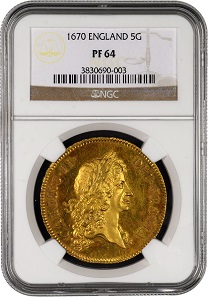 One of the great treasures of The Tyrant Collection, this 1670 proof gold 5 Guineas will be displayed at the February 2018 Long Beach Expo. Photo credit: Numismatic Guaranty Corporation.