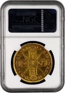 One of the great treasures of The Tyrant Collection, this 1670 proof gold 5 Guineas will be displayed at the February 2018 Long Beach Expo. Photo credit: Numismatic Guaranty Corporation.
