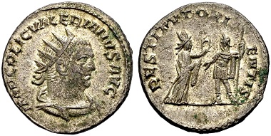 Valerianus. Antoninian, Samosata. Rev. RESTITVT ORI-ENTIS The emperor with sceptre receives a wreath from a female figure with mural crown. From the Weder collection. Estimate: 50 euros. From Münzen & Medaillen GmbH 46 (15 February 2018), No 923.