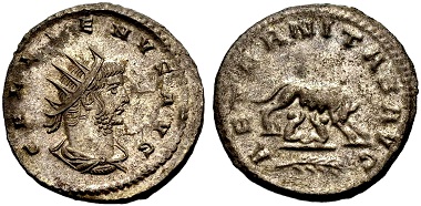 Gallienus. Antoninian, Antiochia. Rev. AETERNITAS AVG AETERNITAS AVG The Roman she-wolf with Romulus und Remus, a branch in the exergue. From the Weder collection. Estimate: 75 euros. From Münzen & Medaillen GmbH 46 (15 February 2018), No 946.