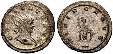 Gallienus. Antoninian, Antiochia. Rev. MINEREA (sic!) AVG Minerva with spear and shield standing r., a branch in the exergue. From the Weder collection. Estimate: 65 euros. From Münzen & Medaillen GmbH 46 (15 February 2018), No 951.