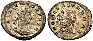 Gallienus. Antoninian, Antiochia. Rev. ROMAE AETERNAE Roma seated l. holding victoria and spear, a star in left field. From the Weder collection. Estimate: 50 euros. From Münzen & Medaillen GmbH 46 (15 February 2018), No 955.