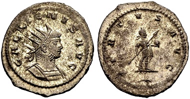 Gallienus. Antoninian, Antiochia. Rev. VIRTVS AVG The emperor standing r. holding spear and globe, a branch in the exergue. From the Weder collection. Estimate: 60 euros. From Münzen & Medaillen GmbH 46 (15 February 2018), No 959.