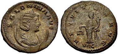 Salonina. Antoninian, Antiochia. Rev. AEQVITAS AVG Aequitas standing l., holding scales and cornucopia, date VIIC. (= 266 AD) in the exergue. From the Weder collection. Estimate: 50 euros. From Münzen & Medaillen GmbH 46 (15 February 2018), No 1005.