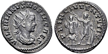 Valerian II. Caesar. Antoninian, Samosata. Rev. PRINC IVVENTVTIS Valerian holding wreath over tropaion. From the Weder collection. Estimate: 90 euros. From Münzen & Medaillen GmbH 46 (15 February 2018), No 1009.