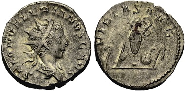 Saloninus Caesar. Antoninian, Cologne. Rev. PIETAS AVG Pontifical implements. From the Weder collection. Estimate: 75 euros. From Münzen & Medaillen GmbH 46 (15 February 2018), No 1011.