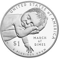 One of the many coins Everhart designed was the United States March of Dimes silver dollar on the 60th anniversary of the Salk polio vaccine. The coin was last year’s COTY “Most Inspirational Coin”.
