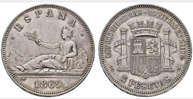 Lot 4405: Provisional Government. Madrid. 5 pesetas. 1869*18-69. SNM. Starting price: 22,500 euros. Realized: 34,800 euros.