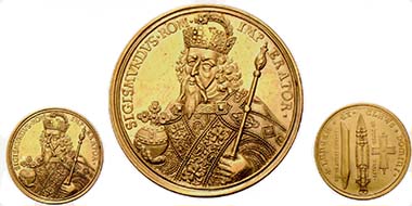 Fig. 1: NUREMBERG. Gold medal of 6 ducats. Half-length portrait of Sigismund wearing the Coronation Vestment of the Holy Roman Emperor. Rev. Imperial Regalia. 20.76 g. Erlanger Coll. 1064. From auction sale Hess-Divo AG 301 (2005), 242.