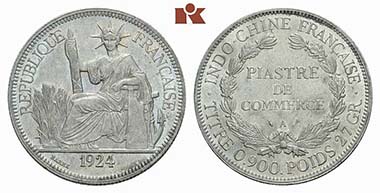 French Indochina. Piaster 1924 A. Extremely fine to brilliant uncirculated. From auction sale Künker June 22, 2011, 4484. Estimate: 400 Euros.