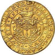 Los 7: Brandenburg-Prussia. Joachim II, 1535-1571. Portugaleser of 10 ducats 1570, Berlin. Extremely rare. Very fine. Estimate: 200,000 euros. Hammer price: 180,000 euros.
