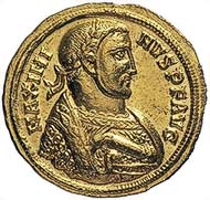 Fig. 3: MAXIMINUS II DAIA, 310-313. Aureus, Antiochia, 311. Rev. The Emperor clad in a consular mantle with a short sceptre standing to the left with a globe in his outstretched hand. 5.31 g. RIC 127avar. From auction sale Leu Numismatik 87 (2003), 111.