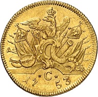 92: Brandenburg-Prussia. Frederick II the Great, 1740-1786. Double Friedrichs d’or 1753, Cleve. Extremely rare. Extremely fine. Estimate: 25,000 euros. Hammer price: 55,000 euros.