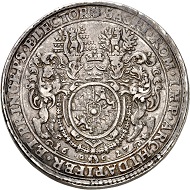 1028: Bavaria. Maximilian I, 1598-1651. Double reichstaler 1627, Heidelberg, for the Rhenish Palatinate. Very fine to extremely fine. Estimate: 40,000 euros. Hammer price: 80,000 euros.