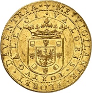 1425: Netherlands. Deventer / City. Portugaleser of 10 ducats no date (1640). Extremely fine+. Estimate: 200,000 euros. Hammer price: 240,000 euros.