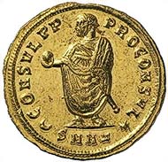 Fig. 3: MAXIMINUS II DAIA, 310-313. Aureus, Antiochia, 311. Rev. The Emperor clad in a consular mantle with a short sceptre standing to the left with a globe in his outstretched hand. 5.31 g. RIC 127avar. From auction sale Leu Numismatik 87 (2003), 111.