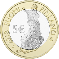 Averse and reverse of the five-euro coin series. The first image will be the same as on the earlier two-euro emission and also show Koli National Park.