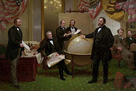 'The Alaska Purchase' by Emanuel Leutze showing Edouard de Stoeckl standing before globe. Reproduced by kind permission of the Seward House Museum, Auburn, NY